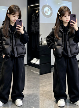 女童加绒卫衣套装秋冬新款儿童马甲运动服三件套中大童加厚冬装潮