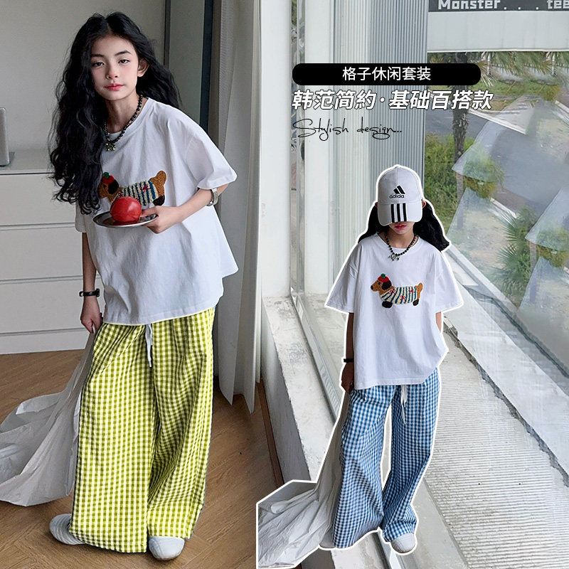 女童短袖套装夏季韩版女孩薄款T恤两件套大童纯棉上衣格子休闲裤