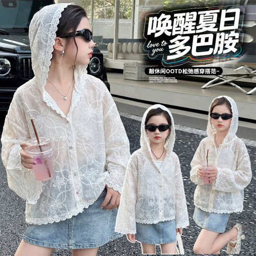 女童防晒衣夏季2026新款韩版女孩提花蕾丝外套大童薄款连帽皮肤衣