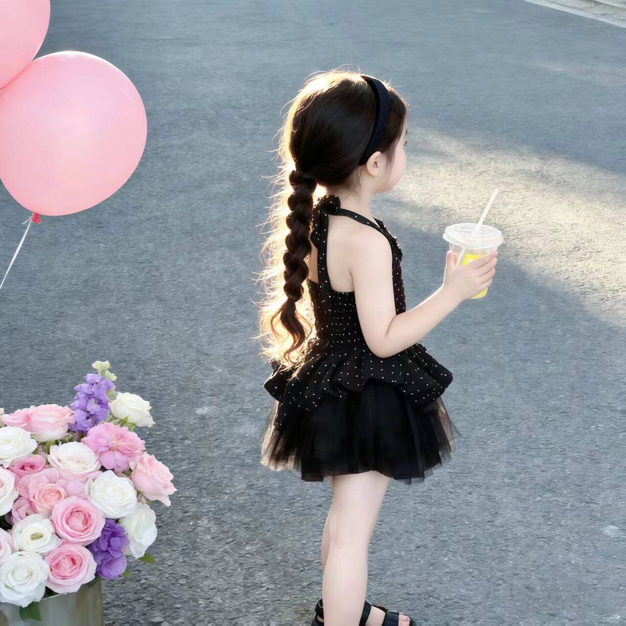 女童短袖连衣裙夏装黑色波点公主裙小童裙子女孩可爱轻纱裙演出裙