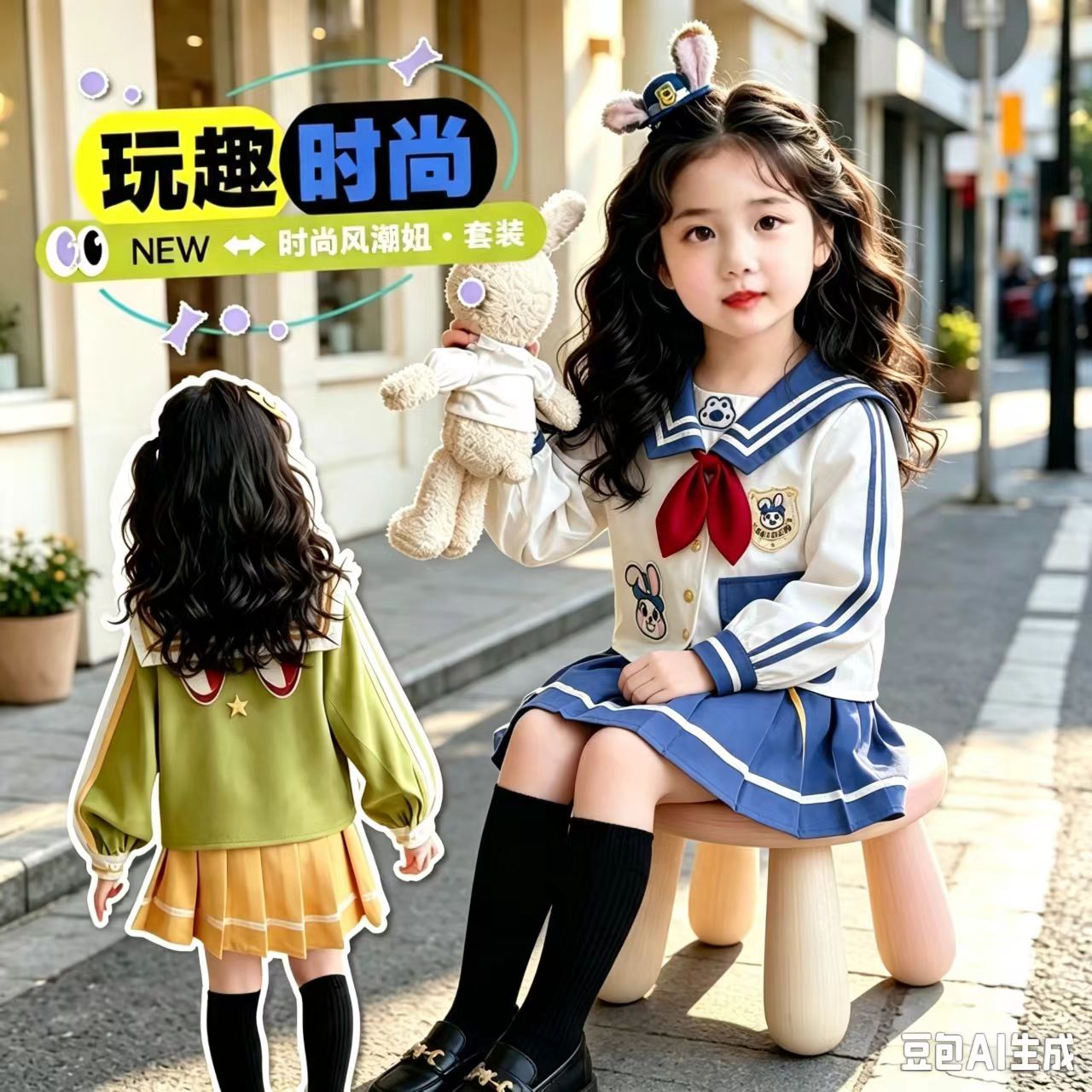 女孩朱迪套装裙春秋新款儿童尼克服学院风海军领上衣裙子两件套潮