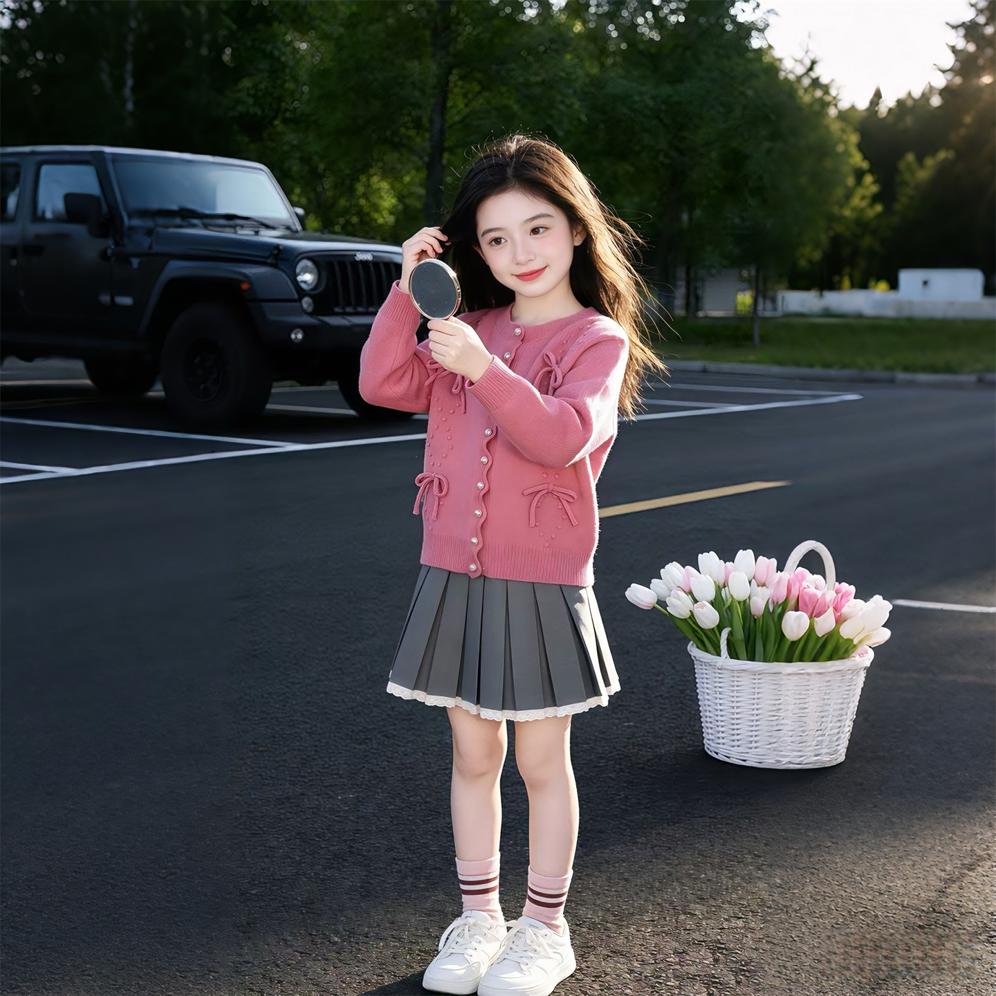 女童百褶裙2026年新款爆火毛衣开衫两件套潮流春秋季套装上衣儿童