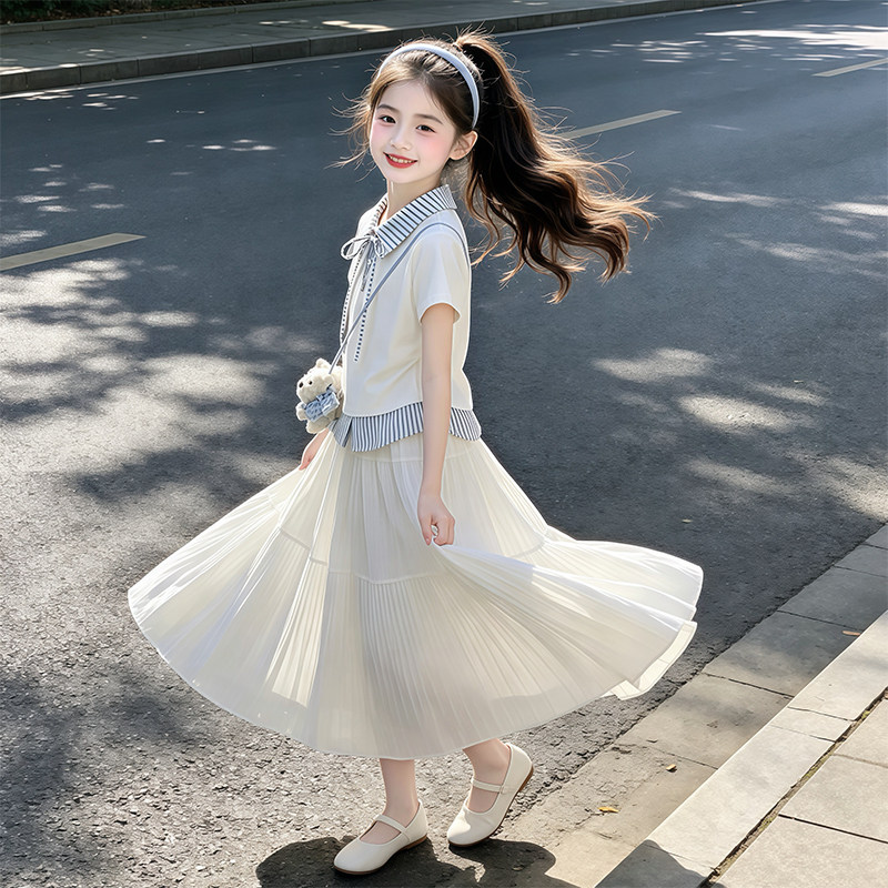 女童T恤夏季新款韩版女孩短袖裙子两件套中大童套装裙长裙子童装
