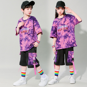 六一儿童节表演服夏款男童纯棉嘻哈街舞套装女孩爵士舞服装演出服