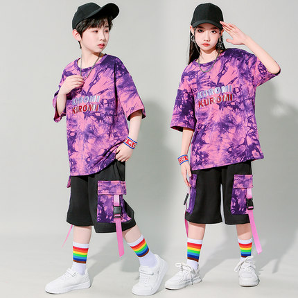 六一儿童节表演服夏款男童纯棉嘻哈街舞套装女孩爵士舞服装演出服