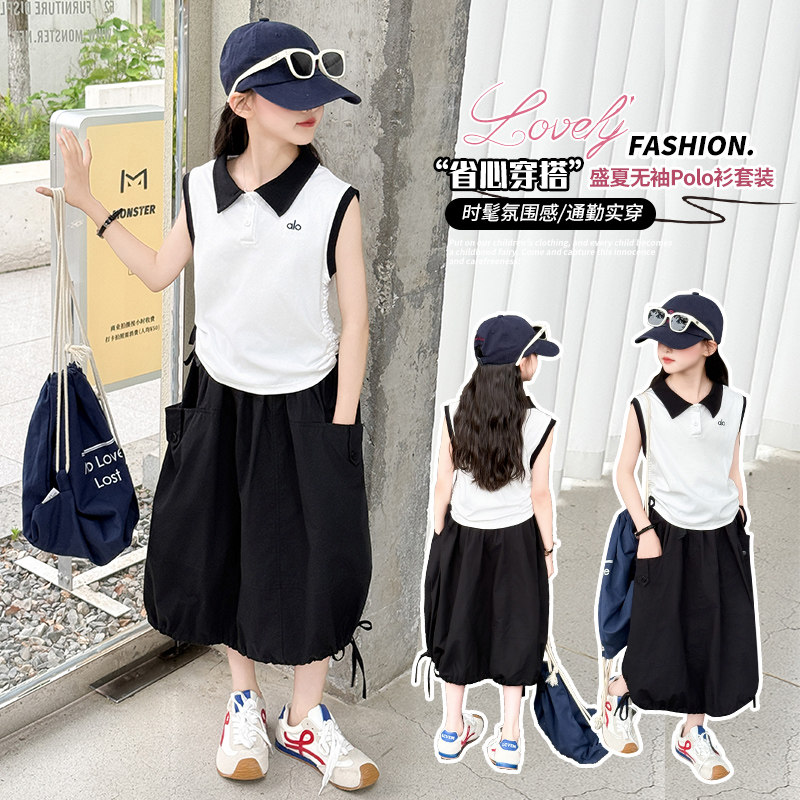 女孩夏装纯棉套装裙工装裙子女童Polo衫T恤半身裙两件套夏季童装