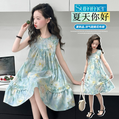 女童纯棉碎花连衣裙夏季新款公主裙中大童裙子童装女孩无袖长裙