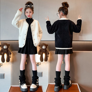 女童春秋外套2024新款小香风童装女孩甜美短款上衣儿童水貂绒开衫