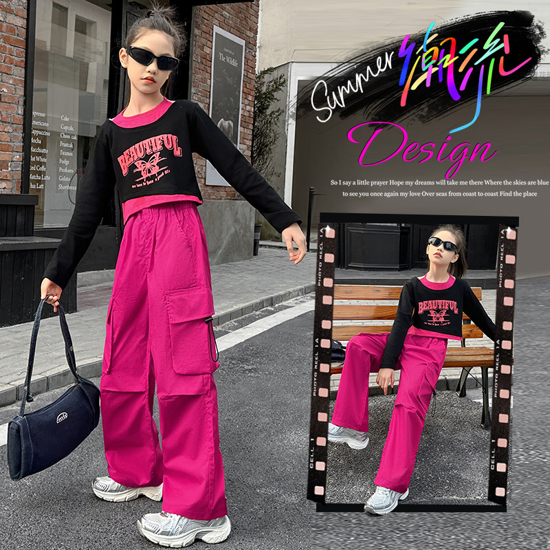 女童街舞表演服春秋新款儿童爵士舞服装中大童女孩工装裤纯棉套装