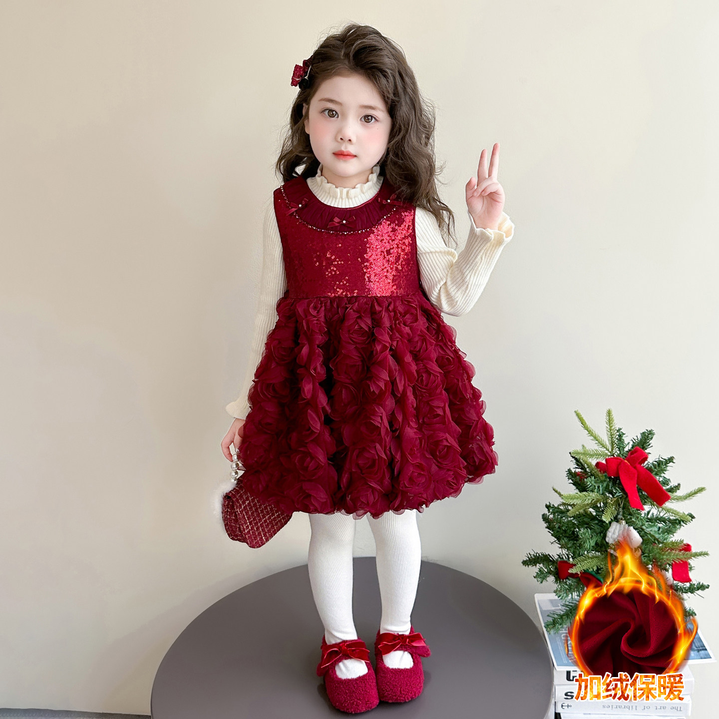 女童小香风套装裙秋冬2025新款女孩名媛风红色新年服过年服裙子潮