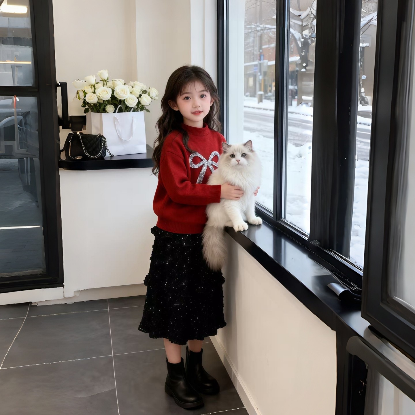 女童红色毛衣冬季新款女孩针织加绒亮片裙打底衫裙子两件套新年服