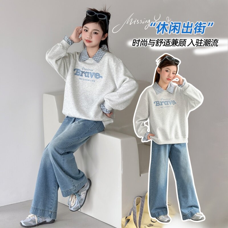 女童卫衣牛仔裤套装春季新款儿童POLO衫上衣两件套女孩阔腿裤童装