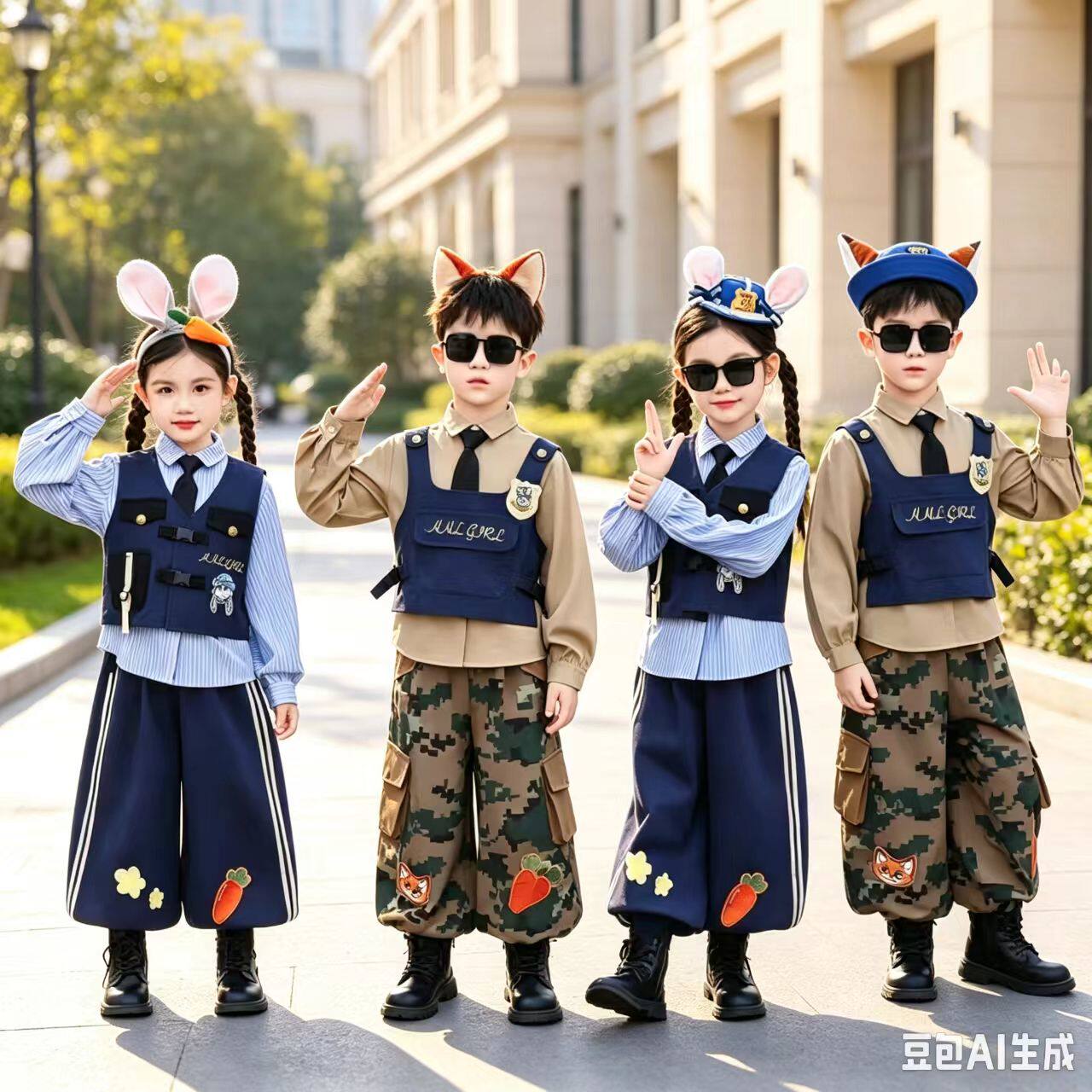 男女童套装疯狂动物城迷彩尼克狐狸演出服秋季兔子警官儿童cos服