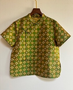 张和才古蜀锦短袖上衣绿四叶草短袖 桑蚕丝老花 超美