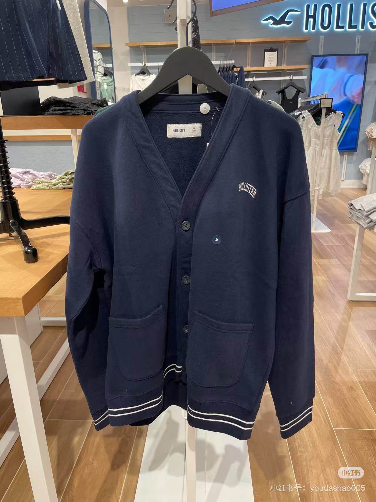 Hollister韩系学院风V领外套男宽松抓绒LOGO开衫不支持退换