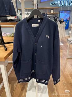 Hollister韩系学院风V领外套男宽松抓绒LOGO开衫不支持退换