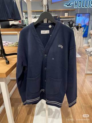 Hollister韩系学院风V领外套男宽松抓绒LOGO开衫不支持退换