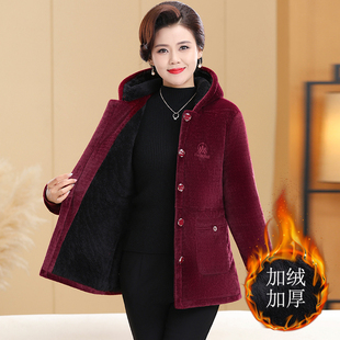 中老年妈妈冬装加绒加厚连帽棉衣外套保暖洋气东北过冬防寒大棉袄