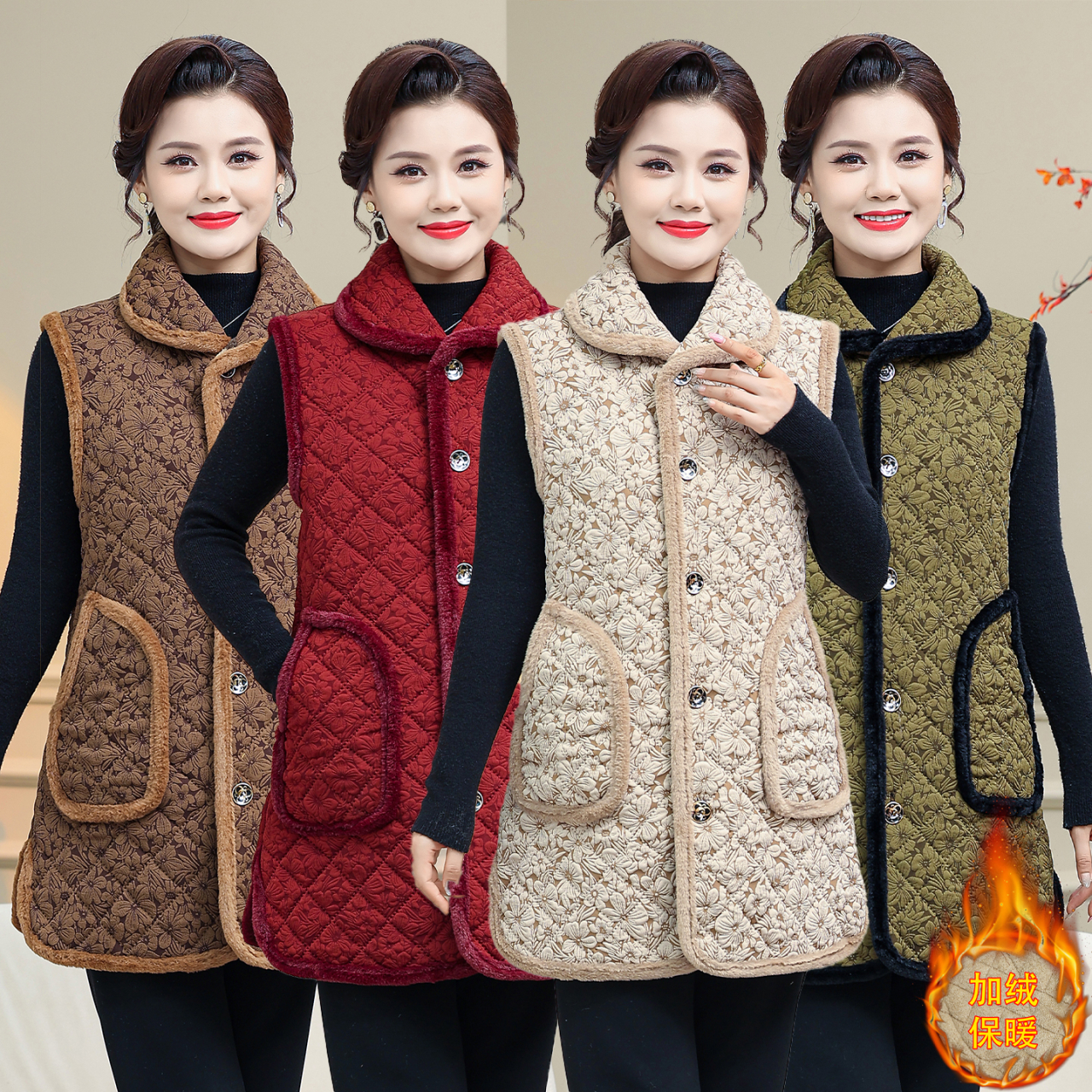 中长款翻领加绒加厚棉马甲外套