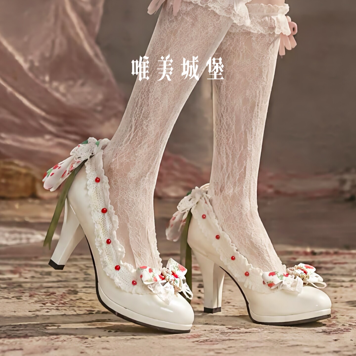 洛丽塔草莓蝴蝶结蕾丝仿珍珠白色高跟鞋cos甜美少女大码lolita