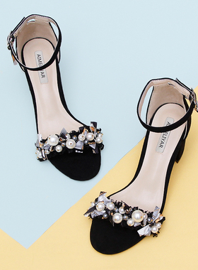 黑色绒面一字腕带粗跟女凉鞋珍珠球球韩版女鞋蝴蝶结仙女高跟鞋新