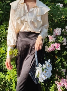 PEPPER ANN私人订制米杏色光泽感真丝衬衫与特殊腰节不规则鱼尾裙