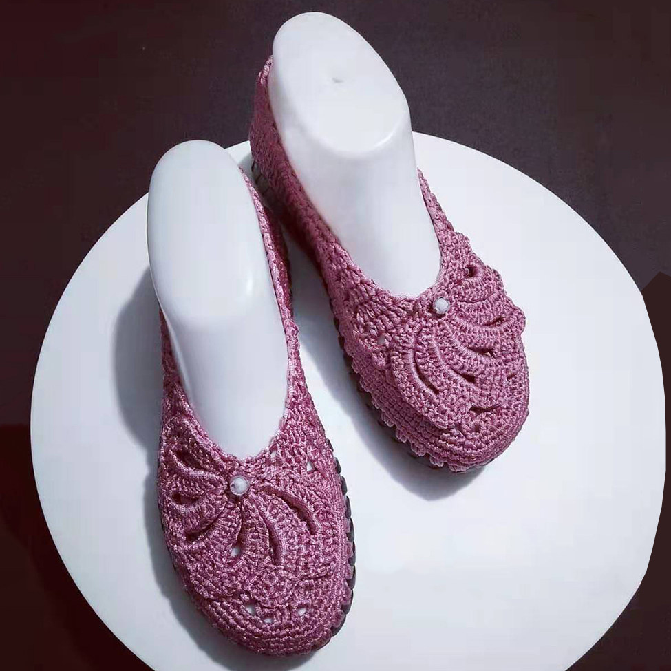 夏日雪儿手工编织家居女士丝光扁担线牛筋底大口凉鞋材料包送教程