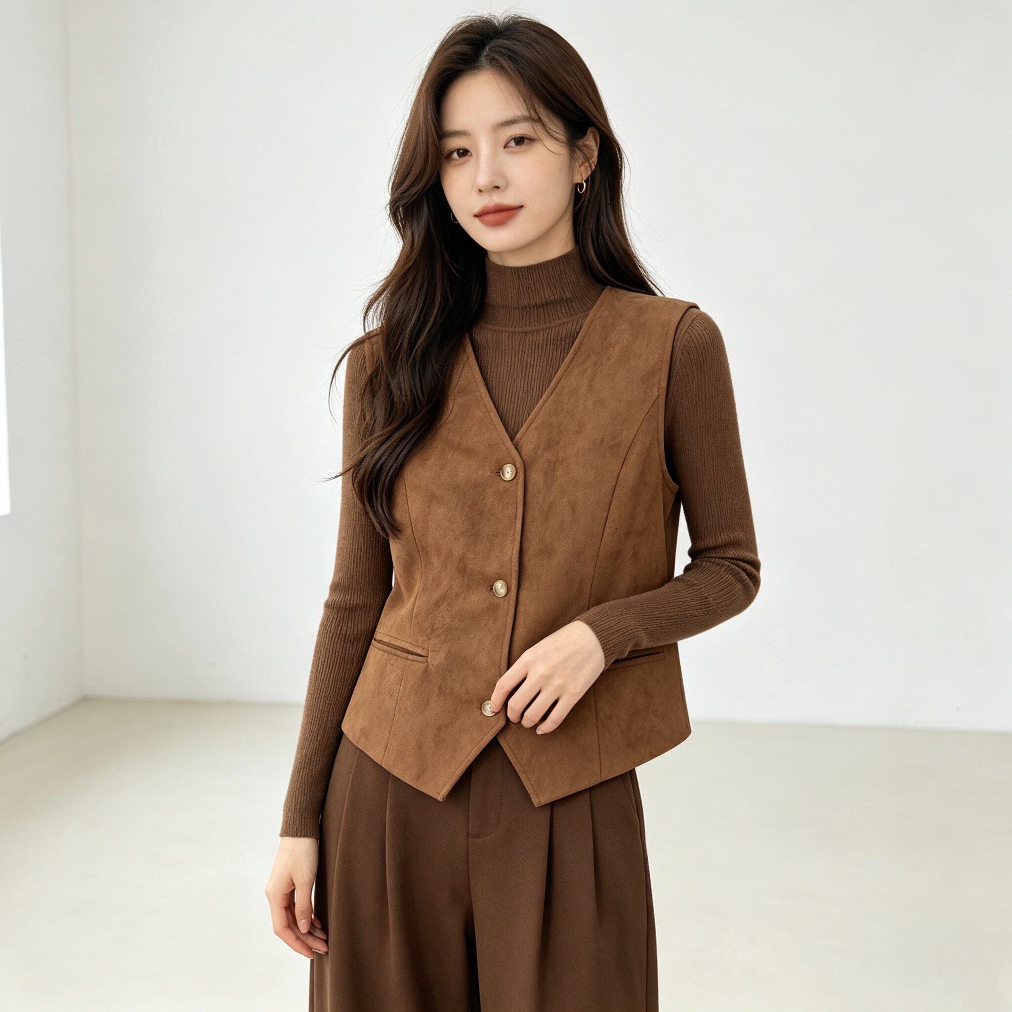 复古美拉德叠穿鹿皮绒马甲背心女26气质V领百搭休闲短款马夹外搭