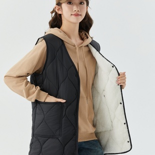 女士保暖加大加厚加绒中长款女款羊羔毛扣子休闲外穿棉马甲2505