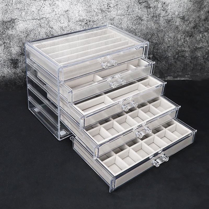 五抽90格多格亚克力绒布收纳盒首饰项链整理盒耳环戒指展示架绒布