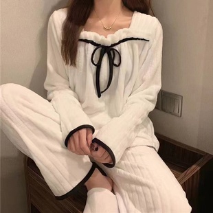 套装 睡衣女冬季 蝴蝶结法兰绒长袖 纯欲珊瑚绒ins小个子加绒家居服