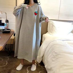 条纹学生女家居服 睡衣女2024年新款 春夏季 长袖 睡裙宽松特大中长款