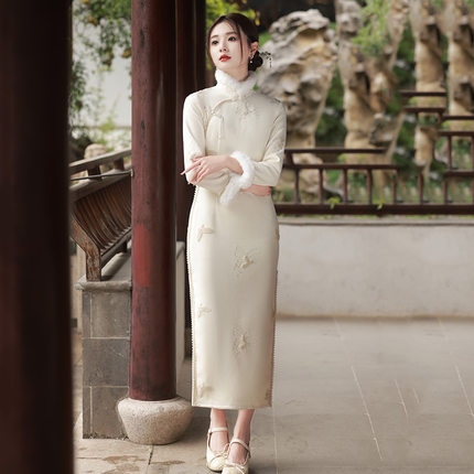 女人好闺蜜绣花加绒冬款中式长款改良旗袍年轻款女复古长袖可穿