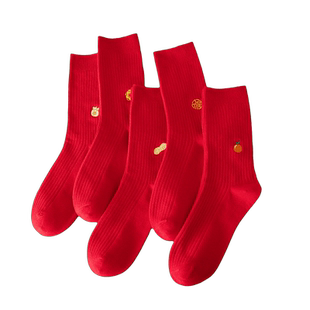 洁丽雅本命年结婚男女袜棉质大红色中长筒新年龙年圣诞袜子秋冬季