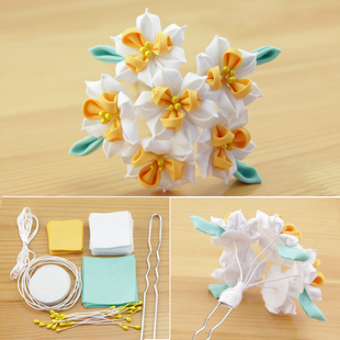 手工布艺和风系列水仙花簪子 diy和风花细工花U型夹手工花材料包