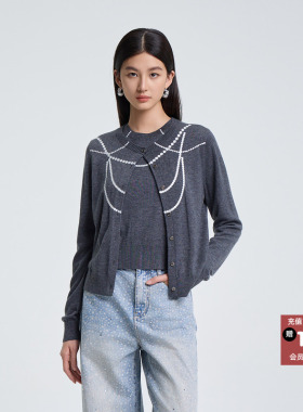 恩瑞妮老钱风珍珠项链灰色针织开衫女学院风两件套2026年春新款