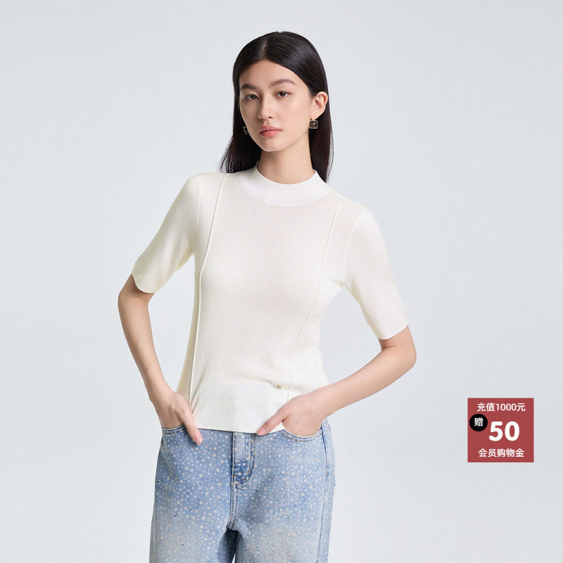 恩瑞妮半高领短袖针织衫女白色宽松气质休闲毛衣女装2026年春款新