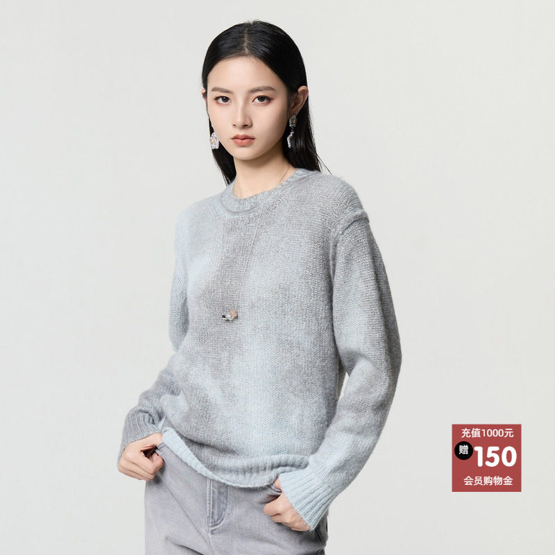 恩瑞妮极简风圆领羊绒针织衫女宽松慵懒毛衣灰色套头上衣2026年冬