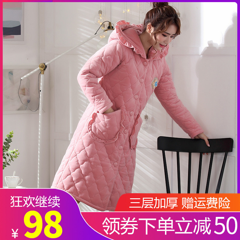 睡袍女冬珊瑚绒夹棉睡衣三层加厚加绒长袖浴袍法兰绒保暖秋款浴衣