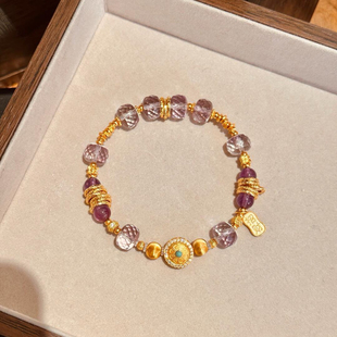 紫气东来天然乌拉圭紫水晶切面盘珠巴西紫药片珠古法金女款手链女