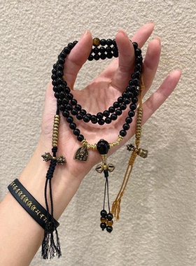 情侣款黑碧玺佛珠项链毛衣链女款