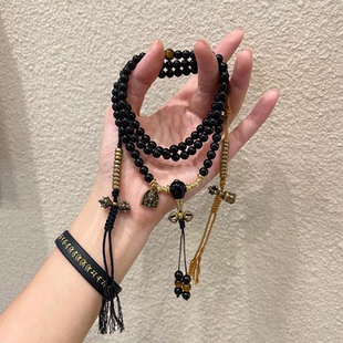 天然黑碧玺手串佛珠项链108念珠手链文玩虎眼石复古黄财神毛衣链