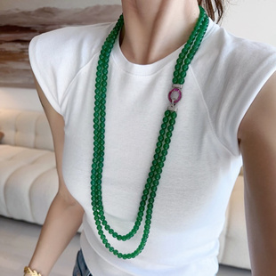 天然翡翠色马达加斯加冰透绿玉髓毛衣链双层帝王绿项链中古风手串