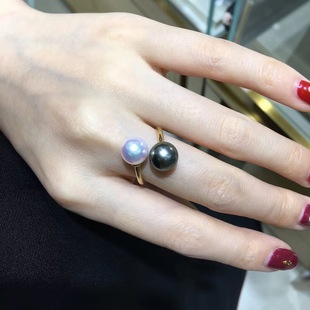 南洋金珍珠戒指大溪地黑珍珠孔雀绿10mm正圆无暇珍珠戒指活口女款