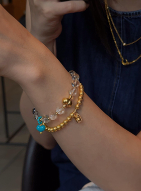 天然巴西双A全净体白水晶手链古法金爱心手串高瓷绿松石桃心手链