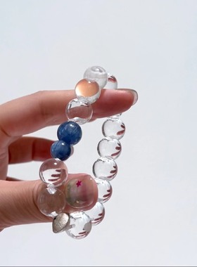云汀万物生系列双A天然白水晶牛鼻孔泡泡珠搭蓝晶石925纯银手串女