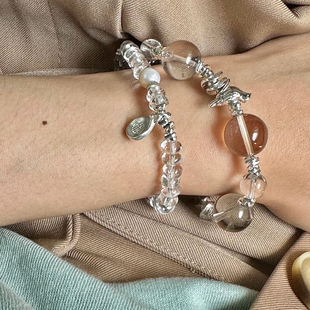 暮雀天然巴西老矿双A净体白水晶S925银手串药片珠叠戴款足银手链