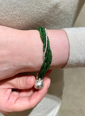 天然俄罗斯碧玉菠菜绿2mm极细多层手链复古手工银手串新中式女款
