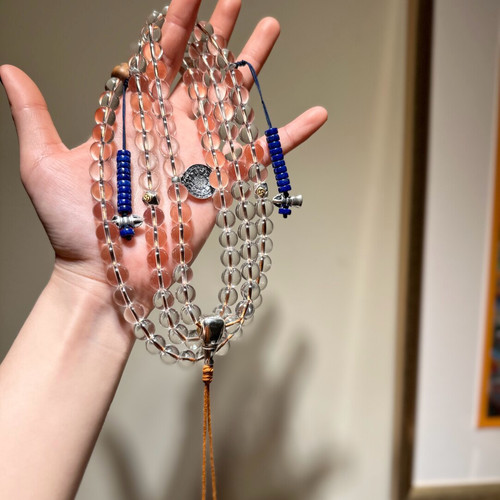 10A净体天然白水晶108颗念珠10mm佛珠项链老山檀青金石s925银佛珠