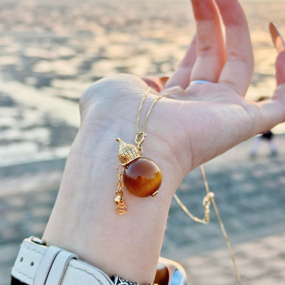 天然金虎眼石纯银镀18K金葫芦吊坠项链新中式国风锁骨链毛衣链女